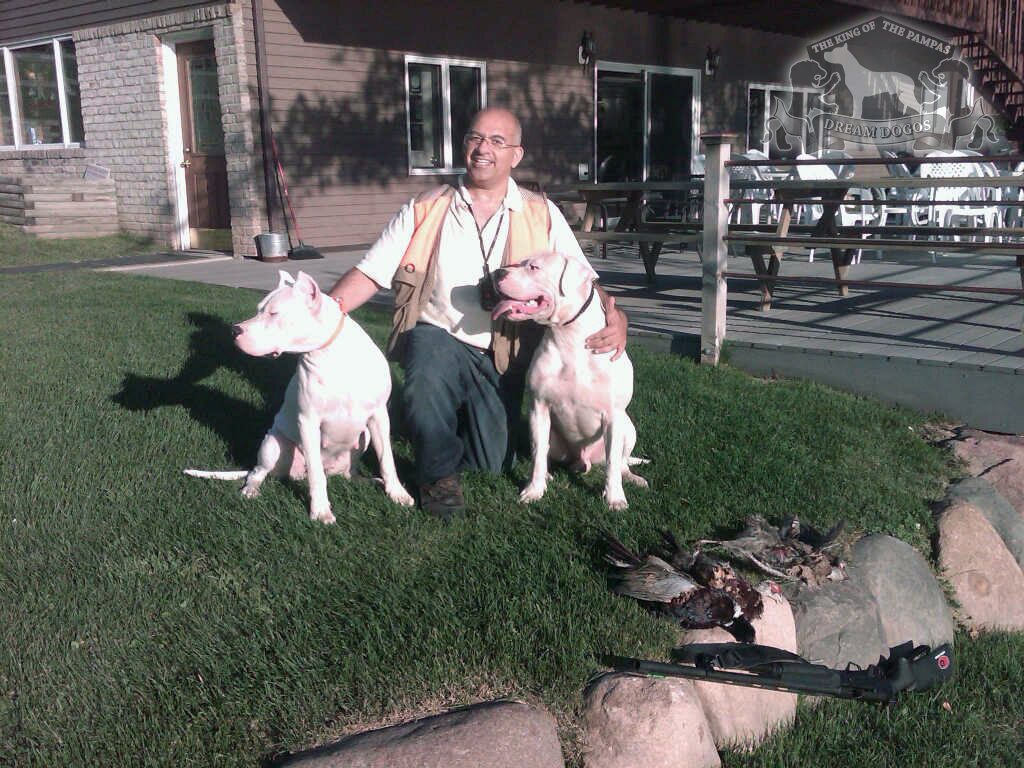 A man holding two white dogs